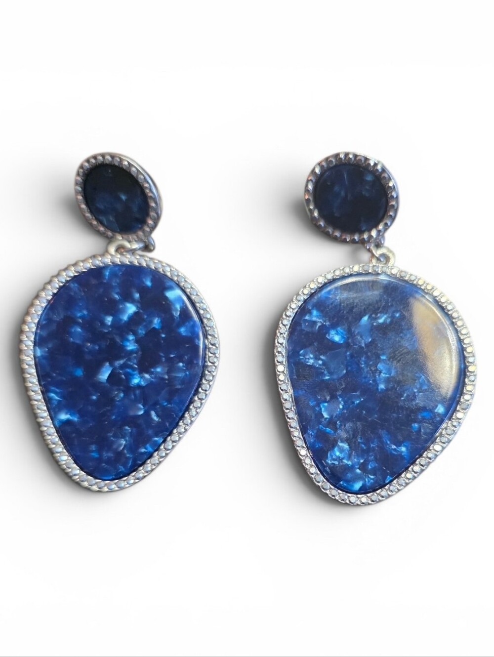 Blue Resin Drop Earrings with Silver Trim